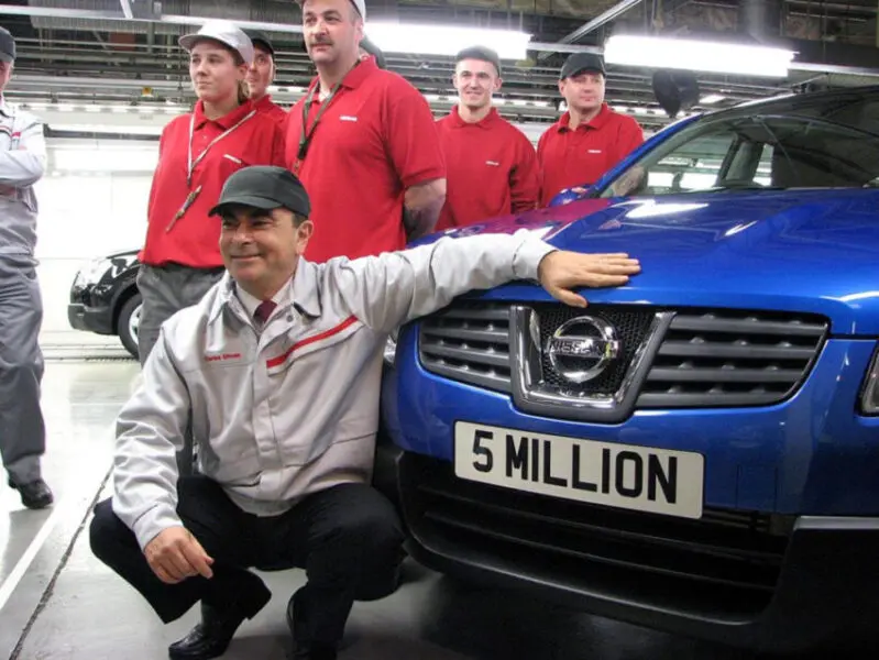 Carlos Ghosn, president and chief executive of Nissan, with the 5 millionth car - a Qashqai - to roll off the production line at its Sunderland plant.