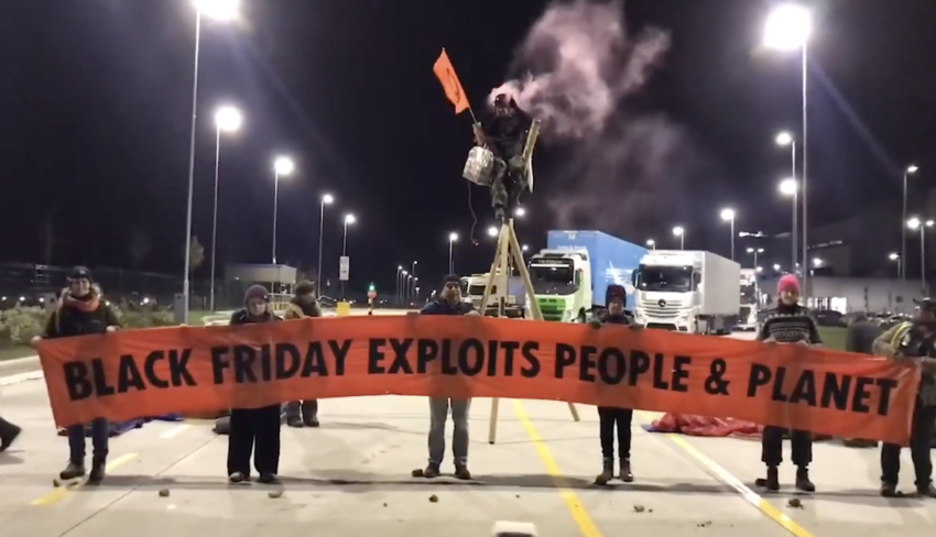 Extinction Rebellion (XR) activists have blocked more than a dozen Amazon depots across the UK as Black Friday protests cause severe disruption for drivers.
