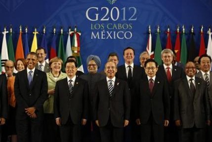 Leaders of the G-20 nations gather for a group photo at the G20 summit in Los Cabos